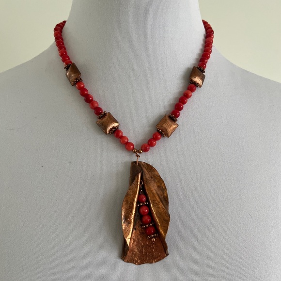 COPPER Metal Pendant Red Bead Necklace Abstract Statement Boho Chic - Picture 1 of 13